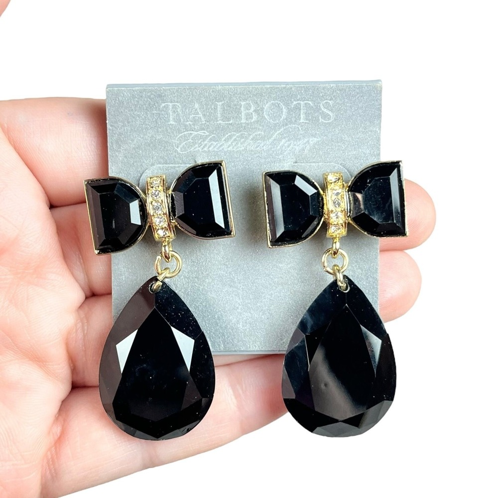 Talbots‎ Black Rhinestone Gold Tone Pierced Earrings Bow NWT